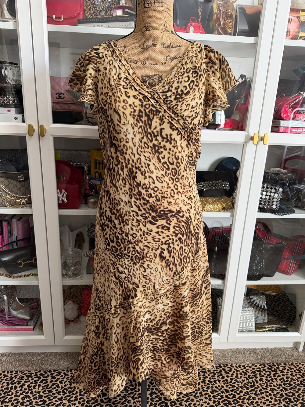 Y2K Studio I Leopard Print Ruffle Wrap-Style Midi Dress - Tan & Brown